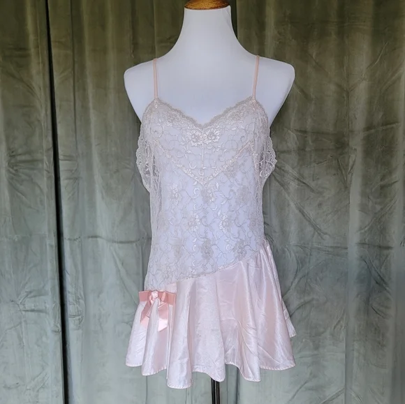 Vintage Coquette Girlypop Feminine Girly Balletcore Sheer Lace Pink Slip Dress - Picture 1 of 11